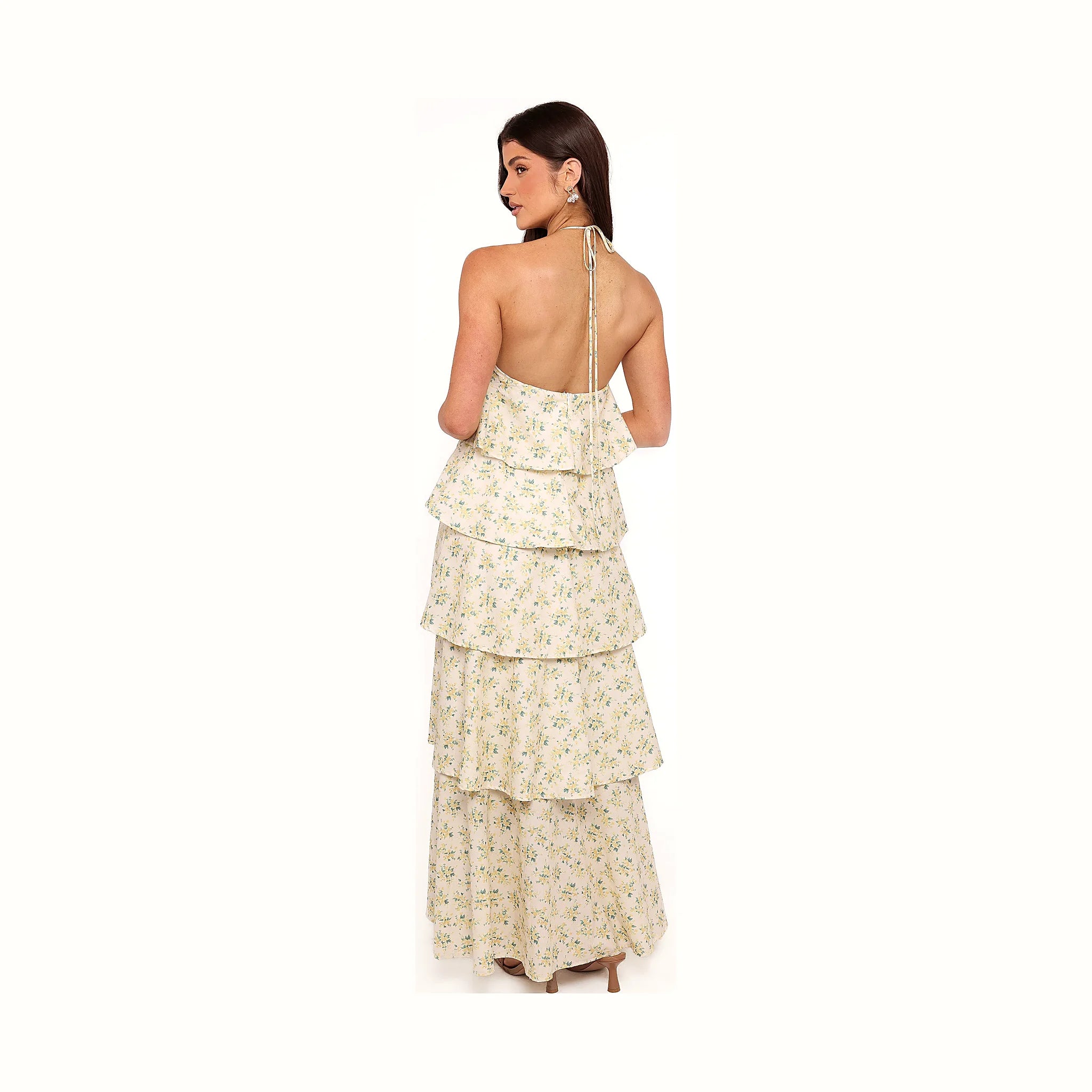 Yellow floral maxi dress with a tie halterneck