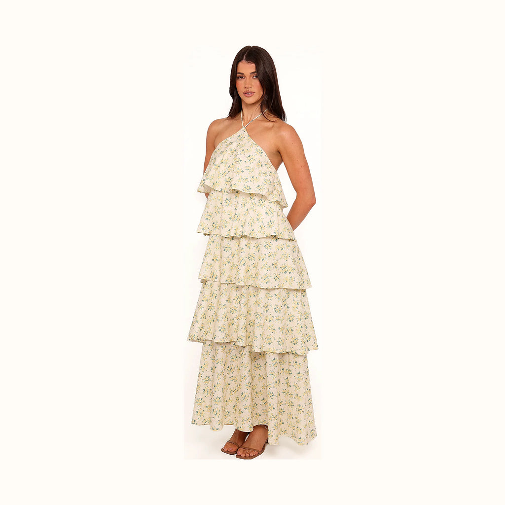 Long tiered dress with ruffles down the skirt