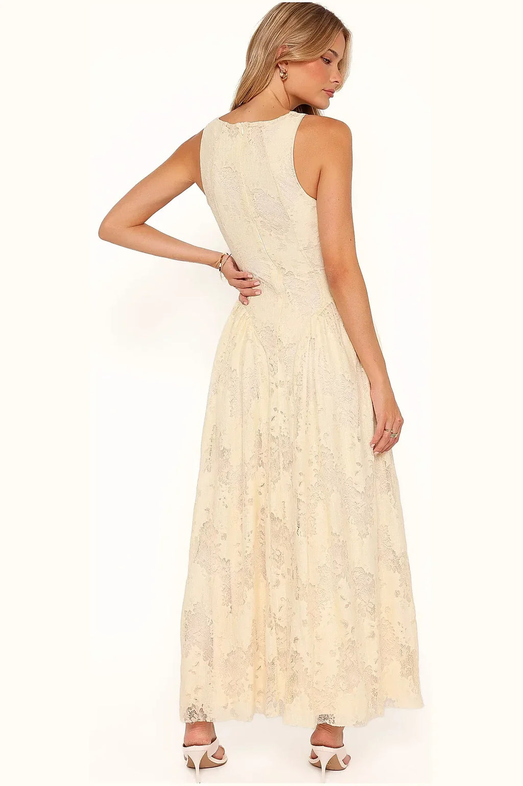 Close-up of the lace weave on the butter yellow maxi