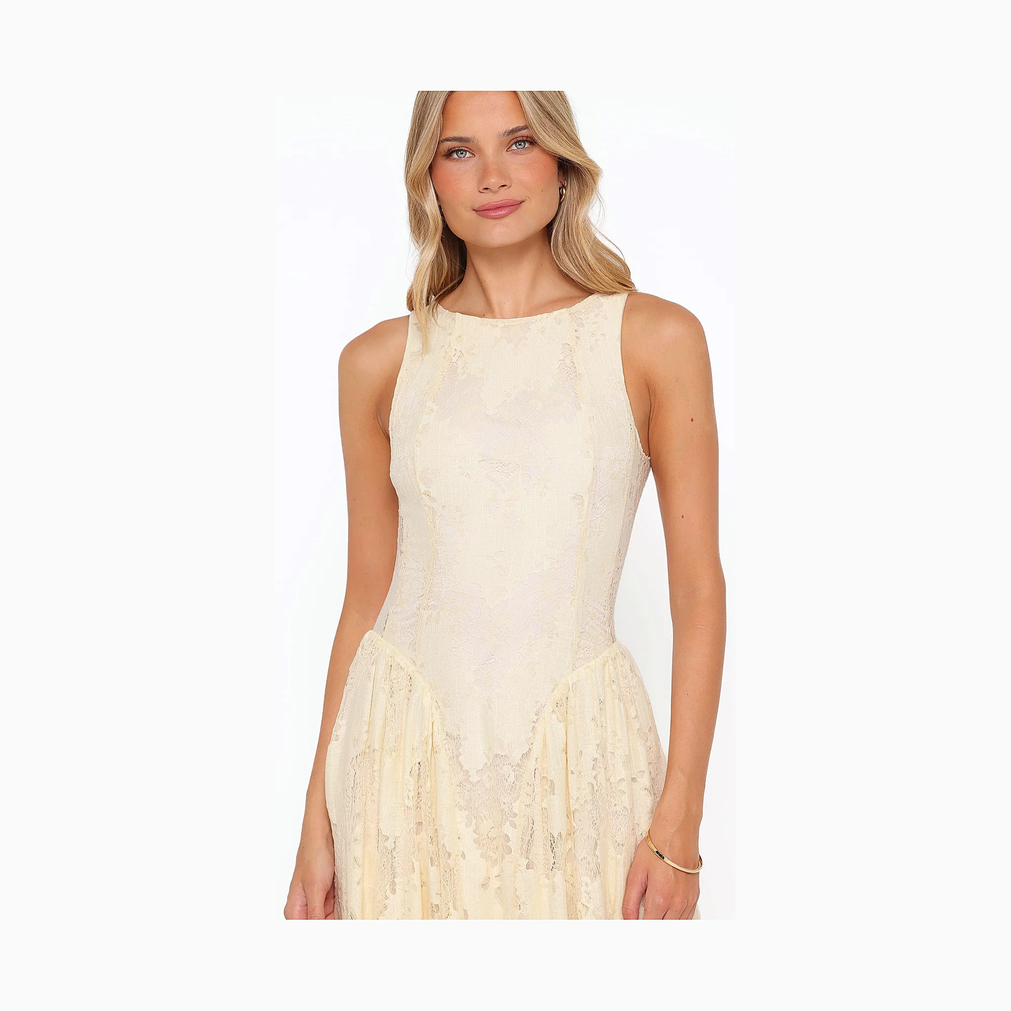 Floor-length lace dress in soft yellow