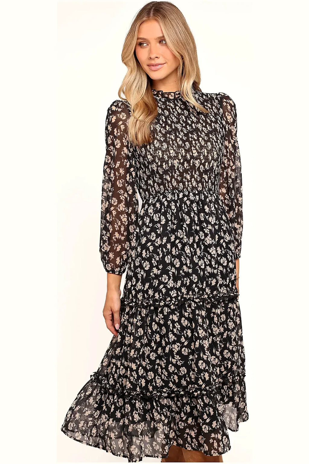 Full-length view of the black floral long-sleeve midi dress