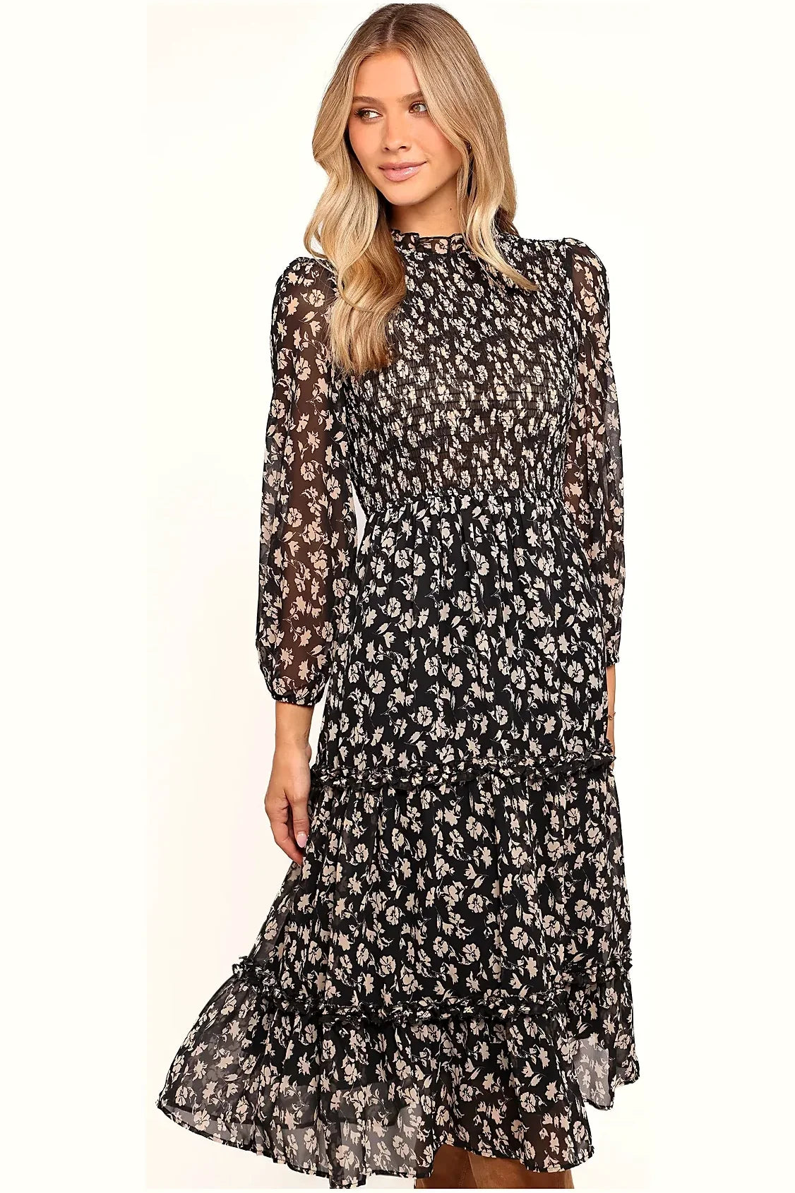 Long-sleeved floral dress with elasticised cuffs