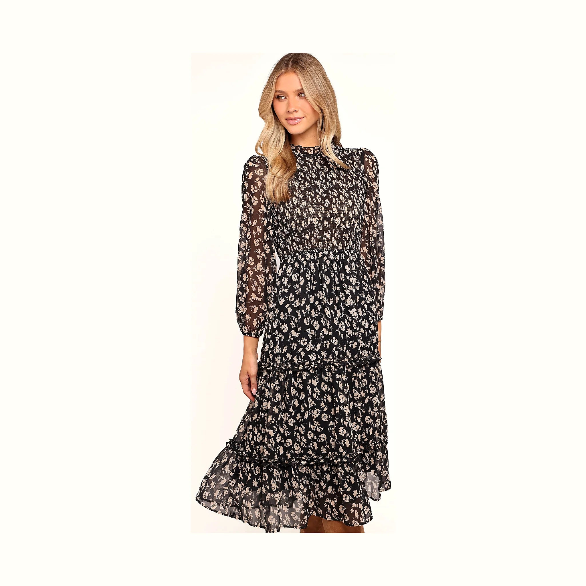 Long-sleeved floral dress with elasticised cuffs