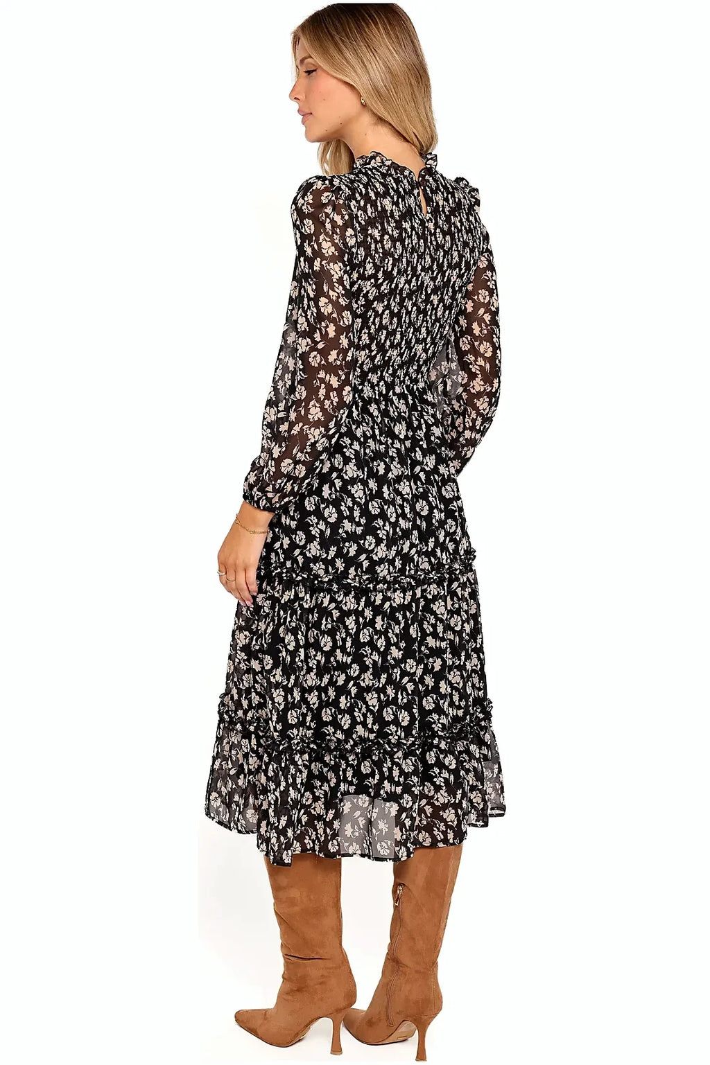 Shirred bodice and floral print detail on the black midi dress