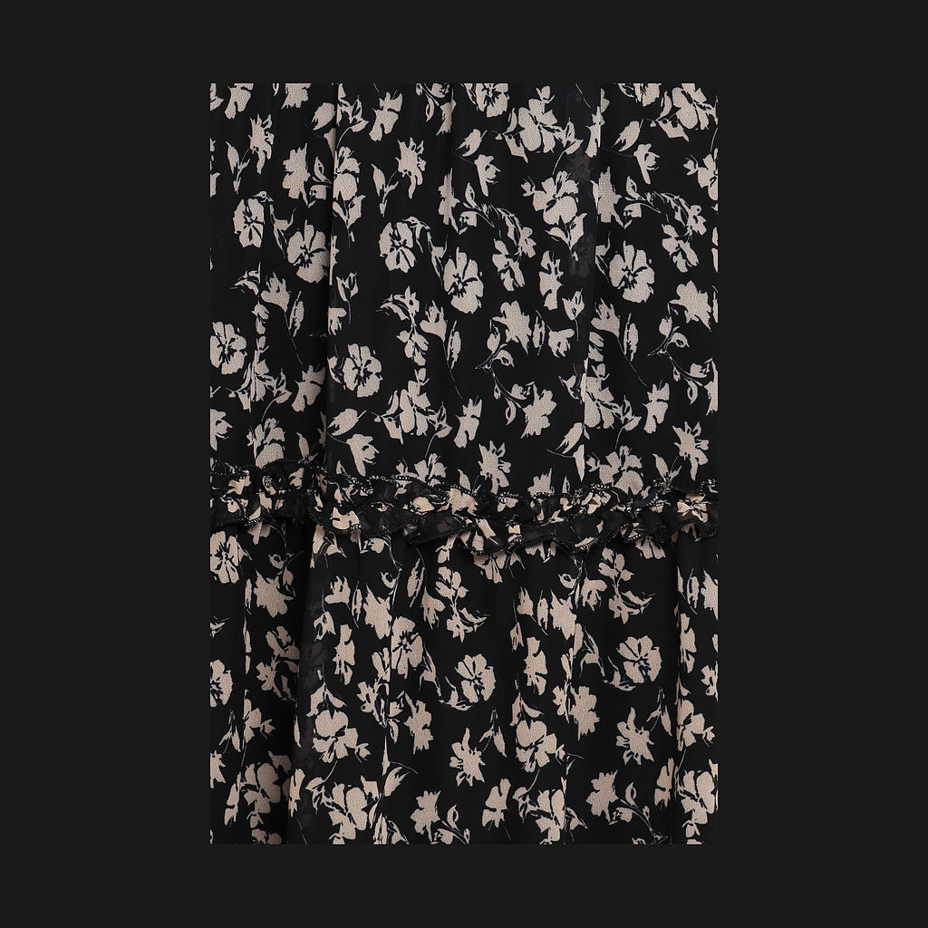 Edwina Shirred Frill Long Sleeve Midi Dress - Black Ditsy Floral
