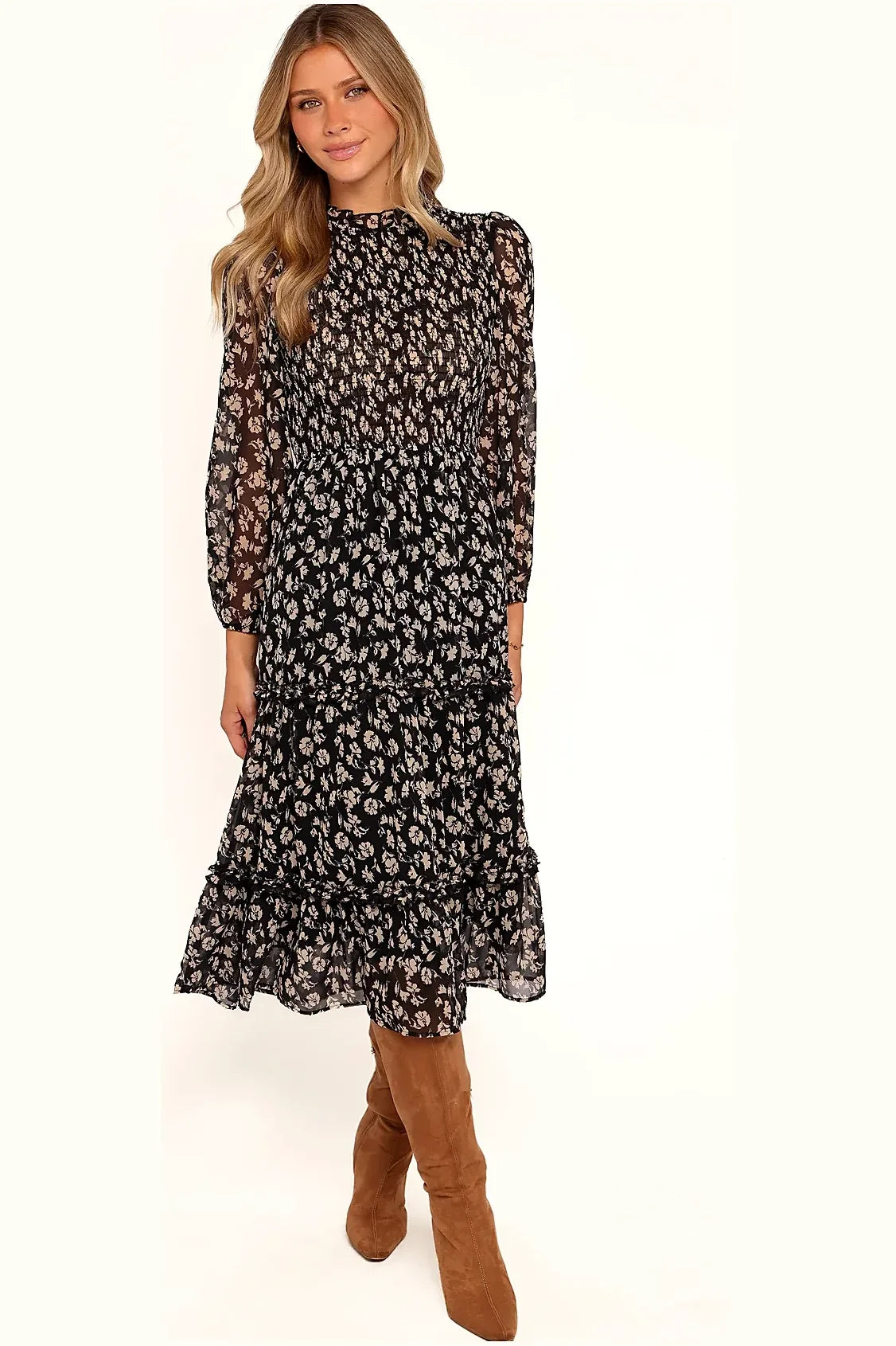 Black ditsy floral midi dress with a shirred bodice and ruffle neckline