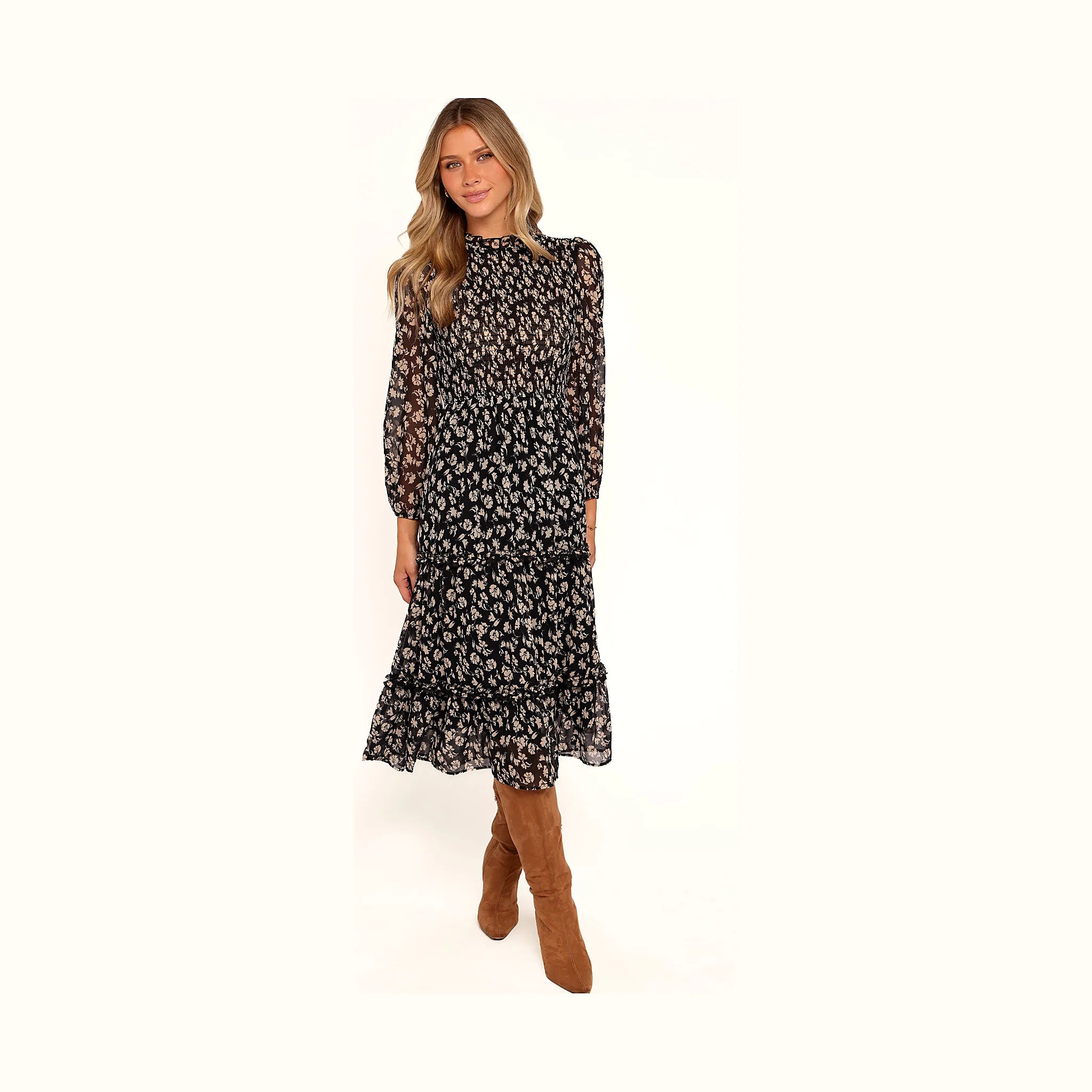 Black ditsy floral midi dress with a shirred bodice and ruffle neckline