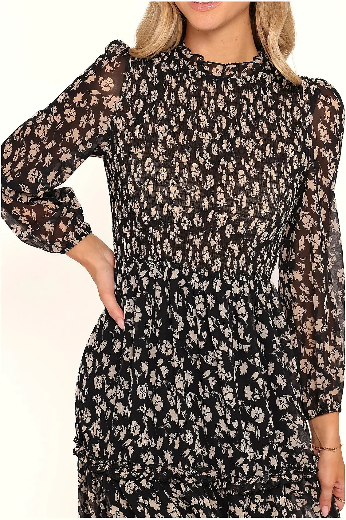 Edwina Shirred Frill Long Sleeve Midi Dress - Black Ditsy Floral