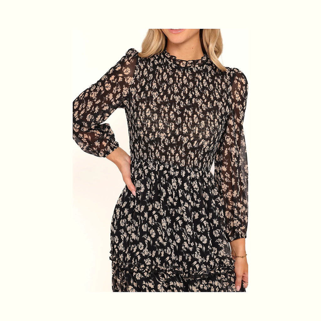 Edwina Shirred Frill Long Sleeve Midi Dress - Black Ditsy Floral
