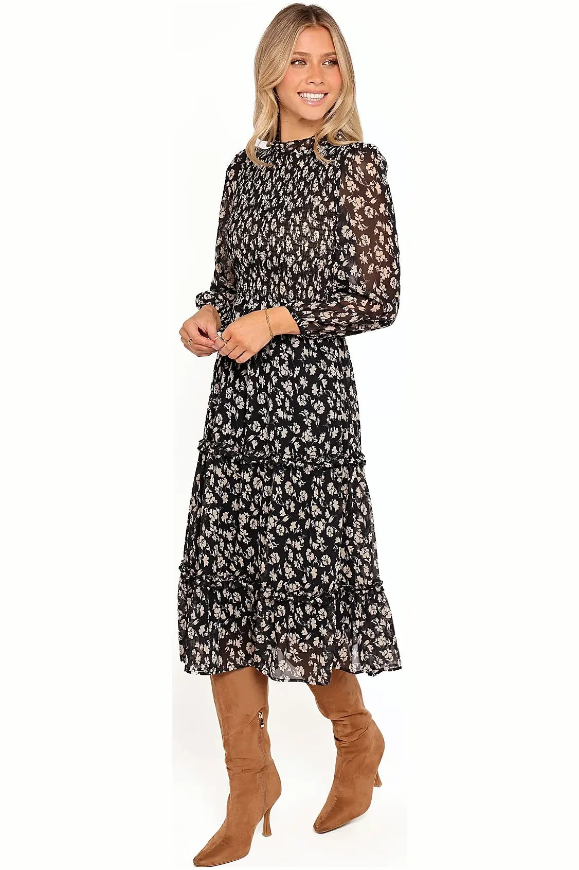 Mid-length black floral dress with ruffle detailing