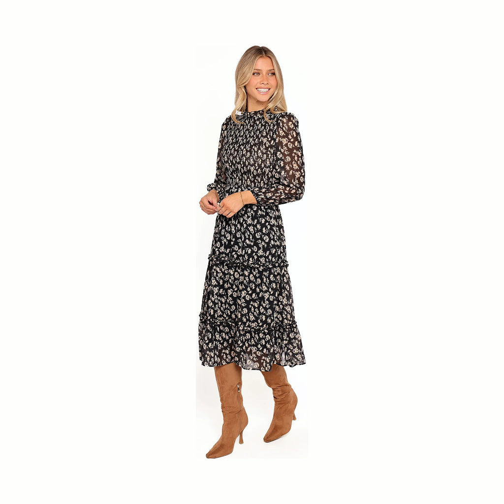 Mid-length black floral dress with ruffle detailing