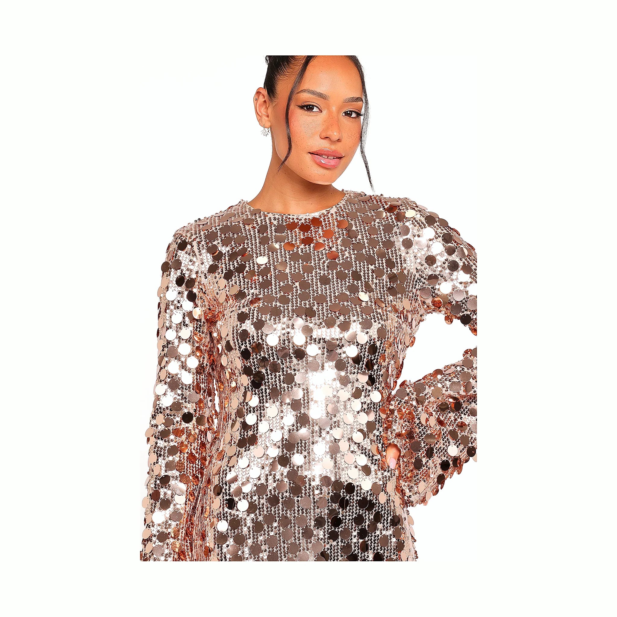 Sequin mini dress in gold with flared sleeve cuffs