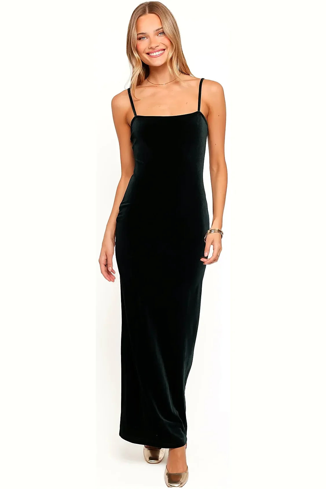 Model wearing the emerald velvet square-neck maxi dress
