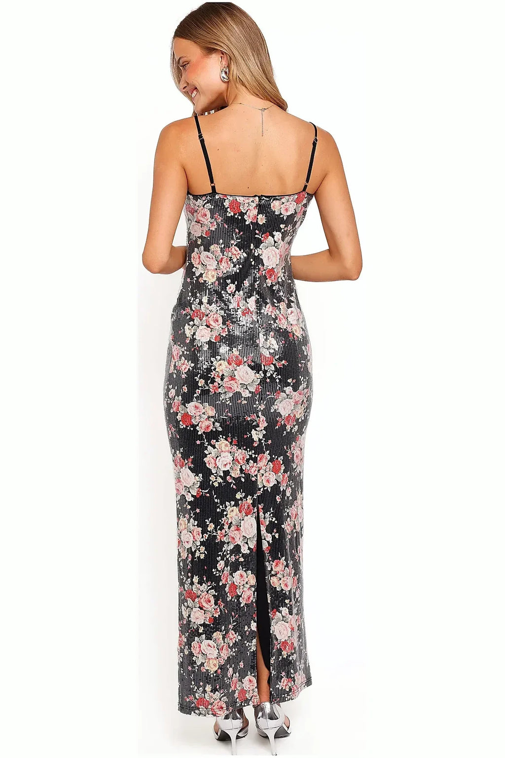 Sequin floral pattern detail near the square neckline