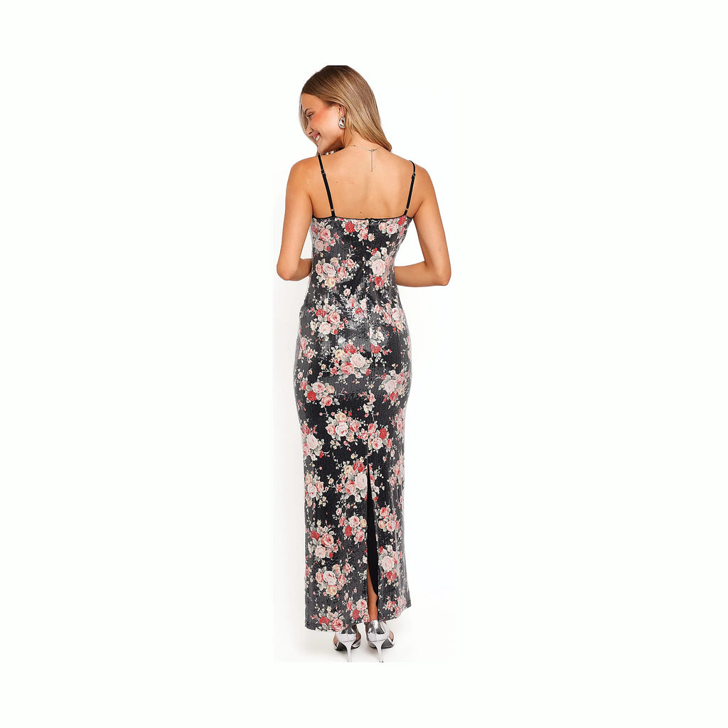 Delicate sequin maxi dress with an all-over floral print