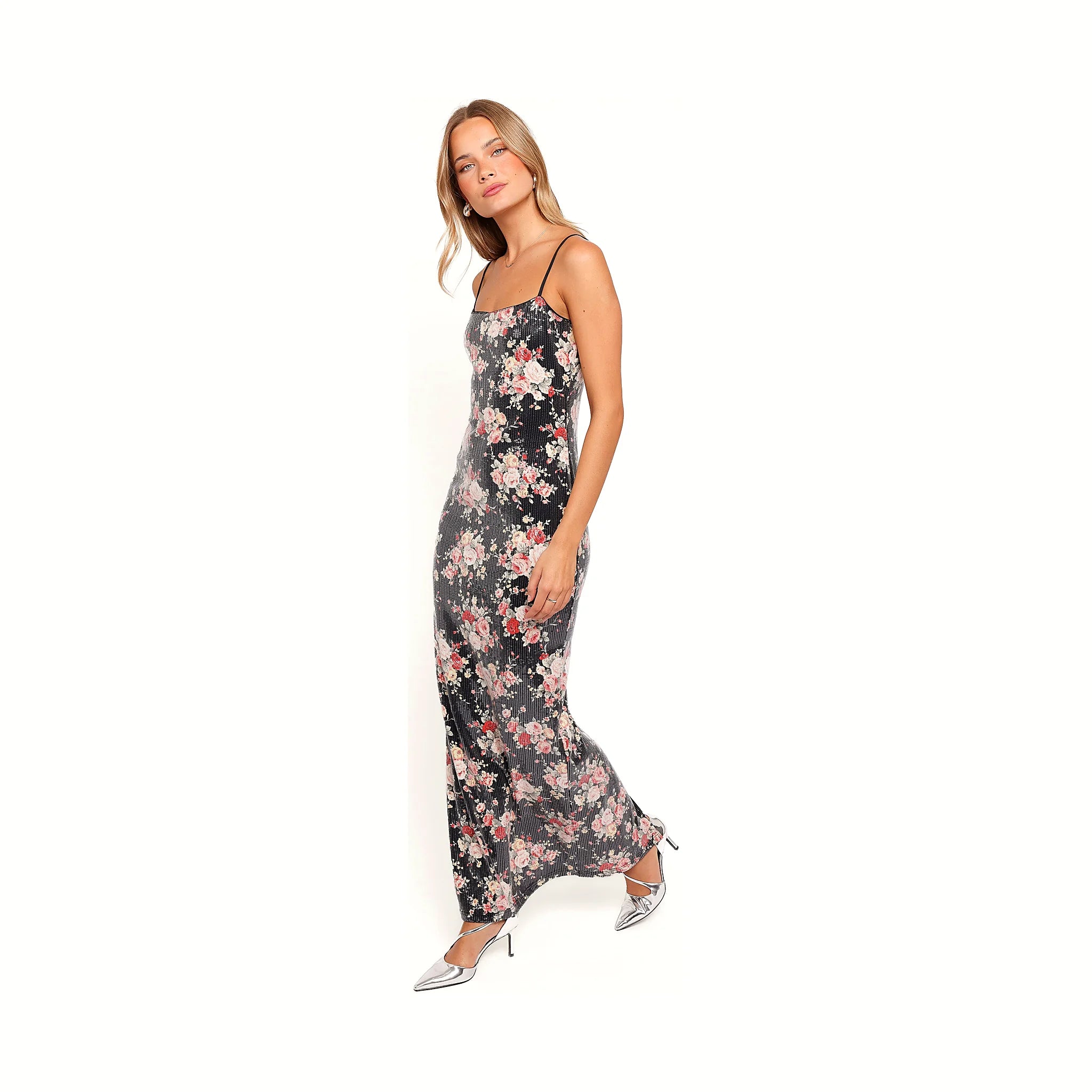 Long floral sequin dress with an invisible back zip