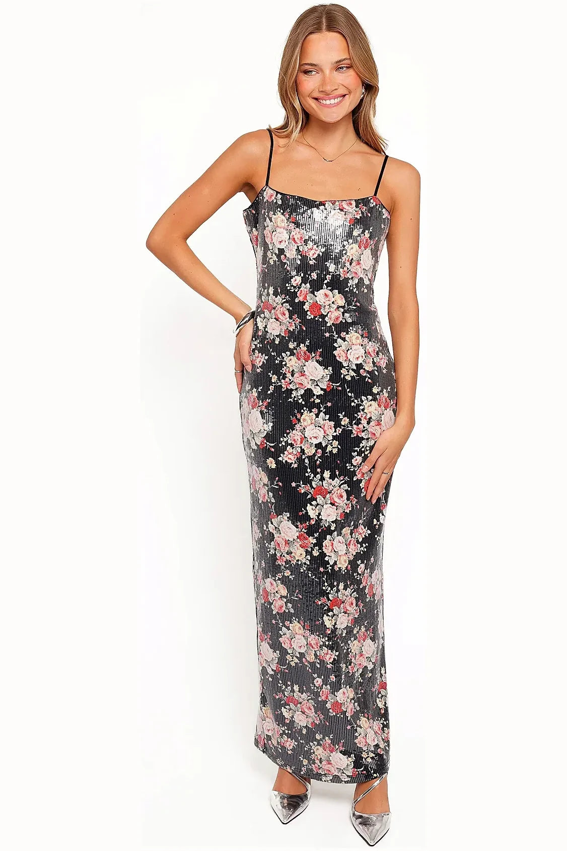 Full-length view of the floral sequin maxi dress