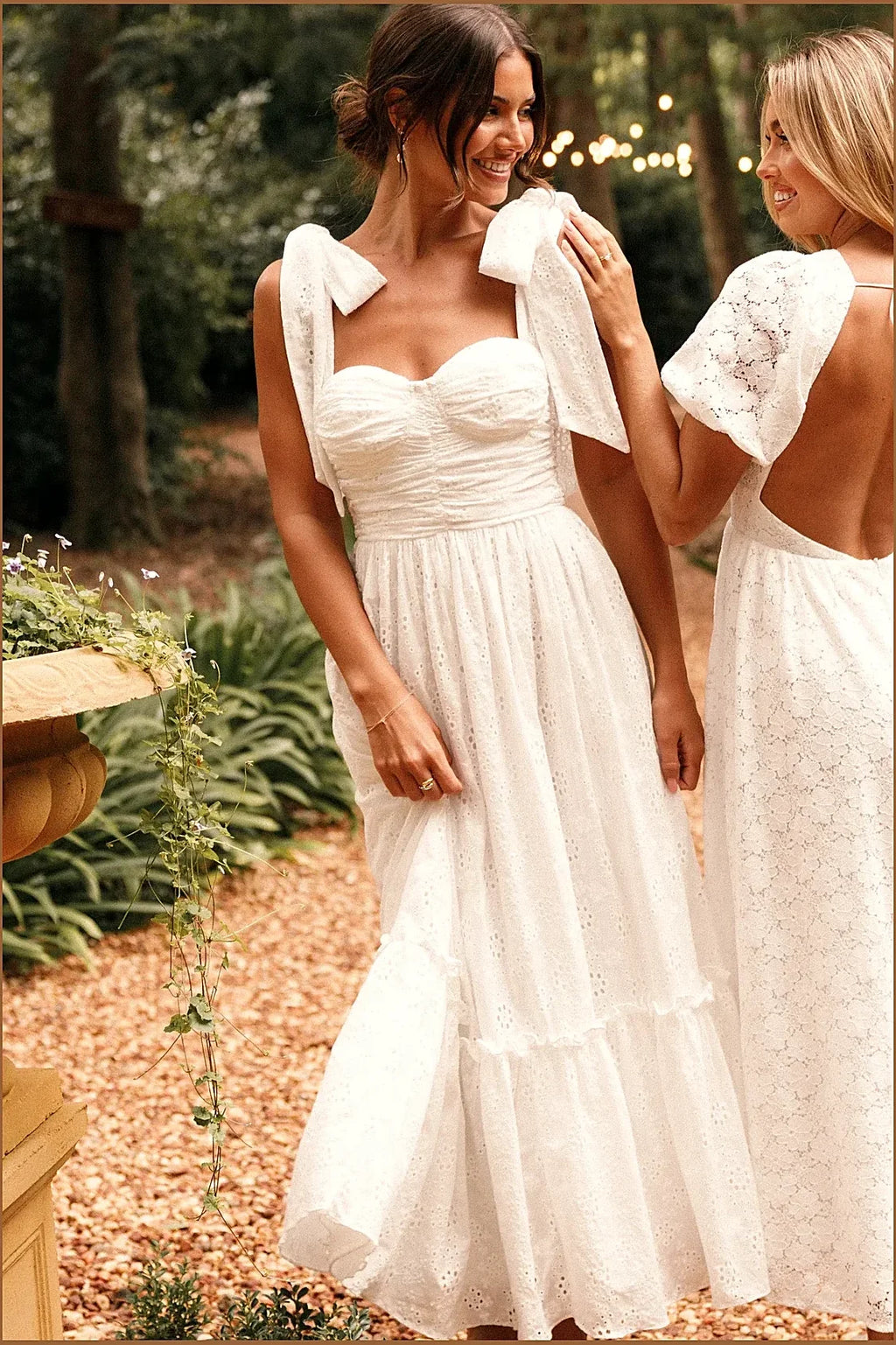 White lace maxi dress with sweetheart neckline, front