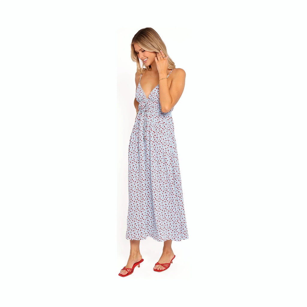 Lined floral print midi dress in blue and red