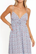 Blue and red floral V-neck midi dress with lace trim, front view