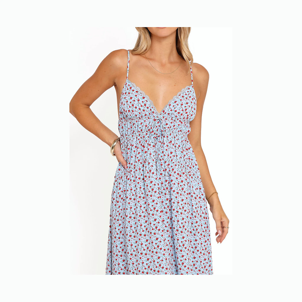 Blue and red floral midi dress with a V-neckline and lace trim
