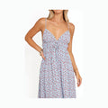 Blue and red floral midi dress with a V-neckline and lace trim
