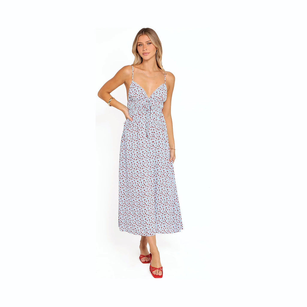 Mid-length floral dress with a tie detail at the waist