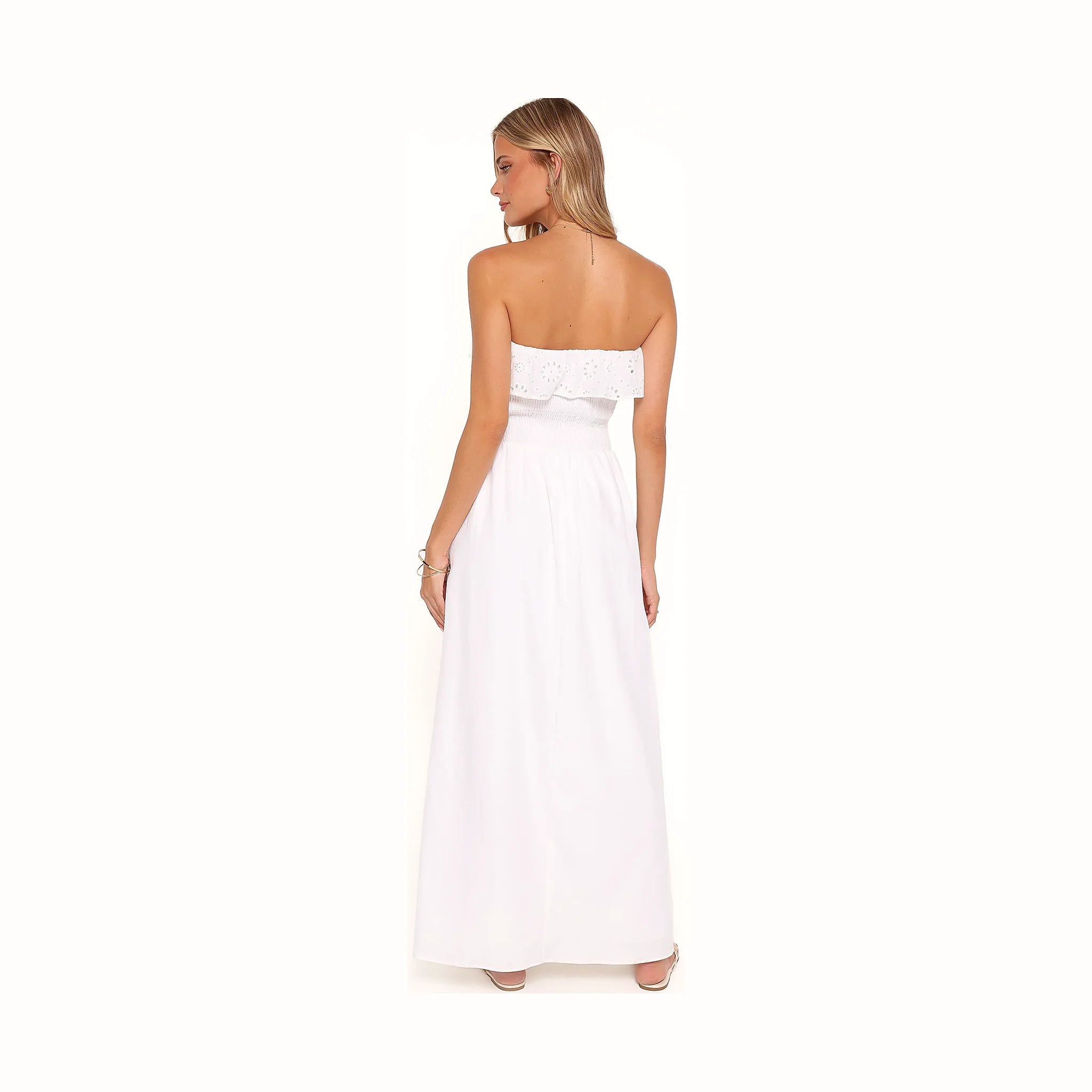 Strapless white maxi dress in a simple straight cut