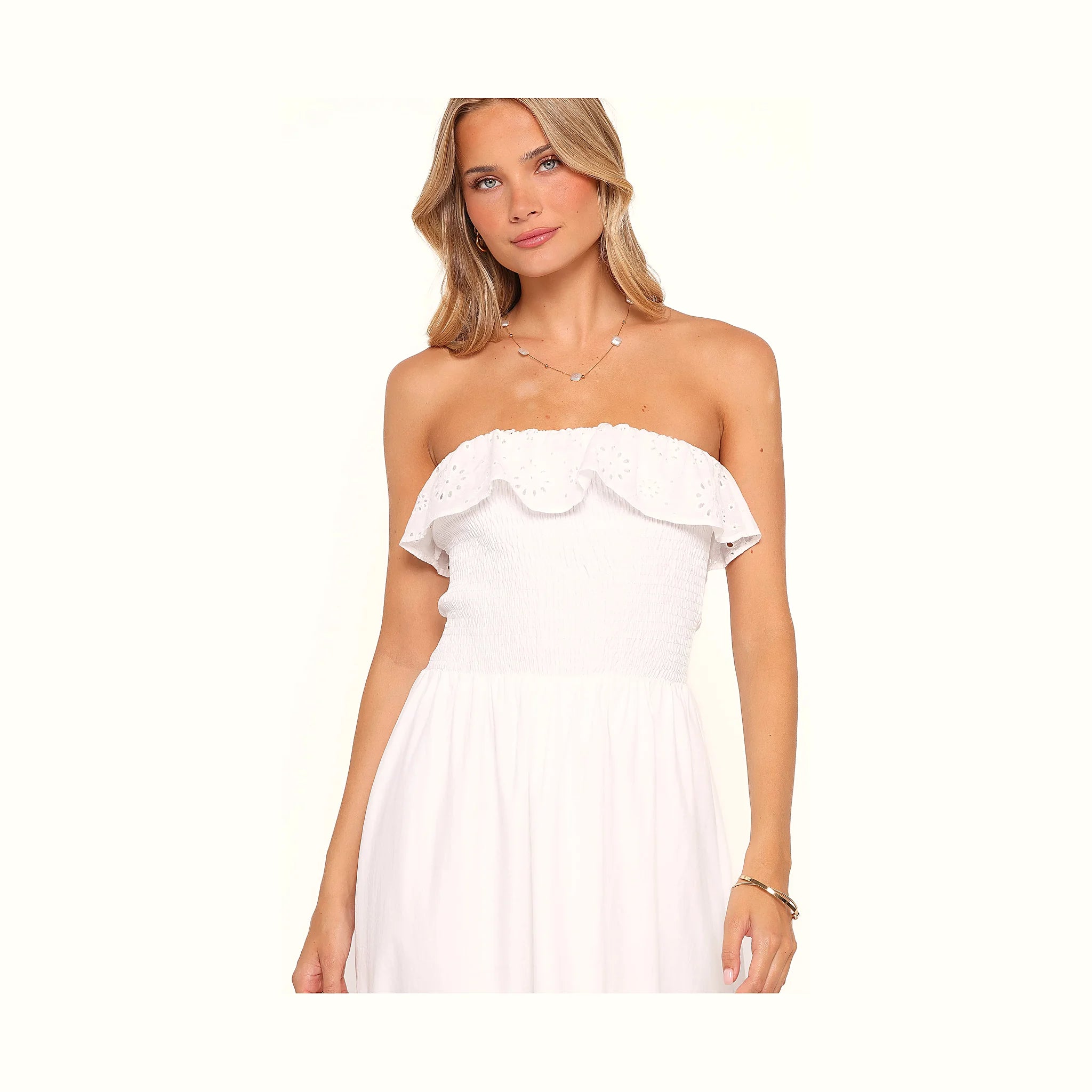 Plain white cotton maxi dress with a strapless neckline