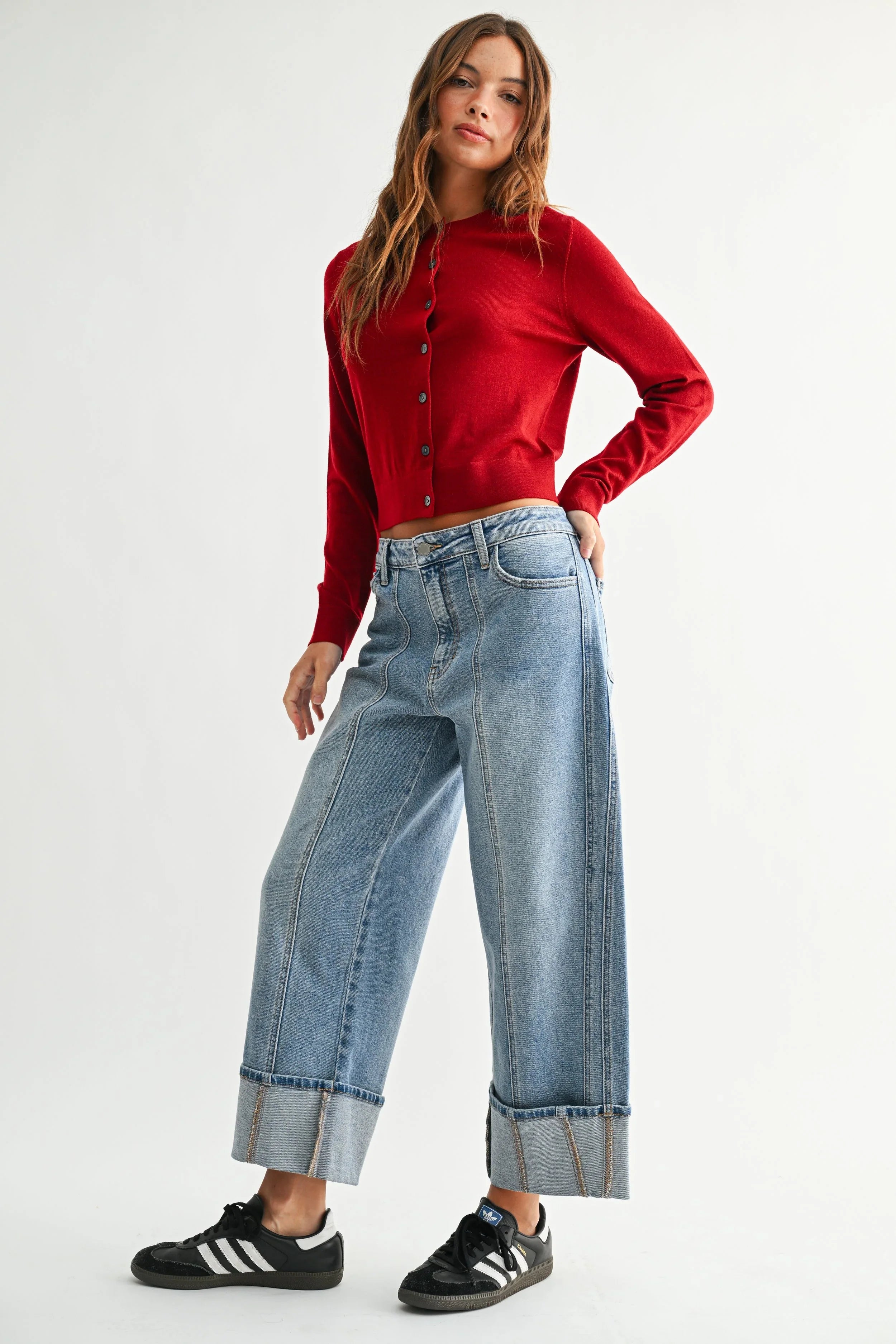 Cuffed hem giving a polished finish to a barrel jean