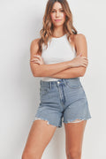 Distressed hems on a loose black boyfriend denim short