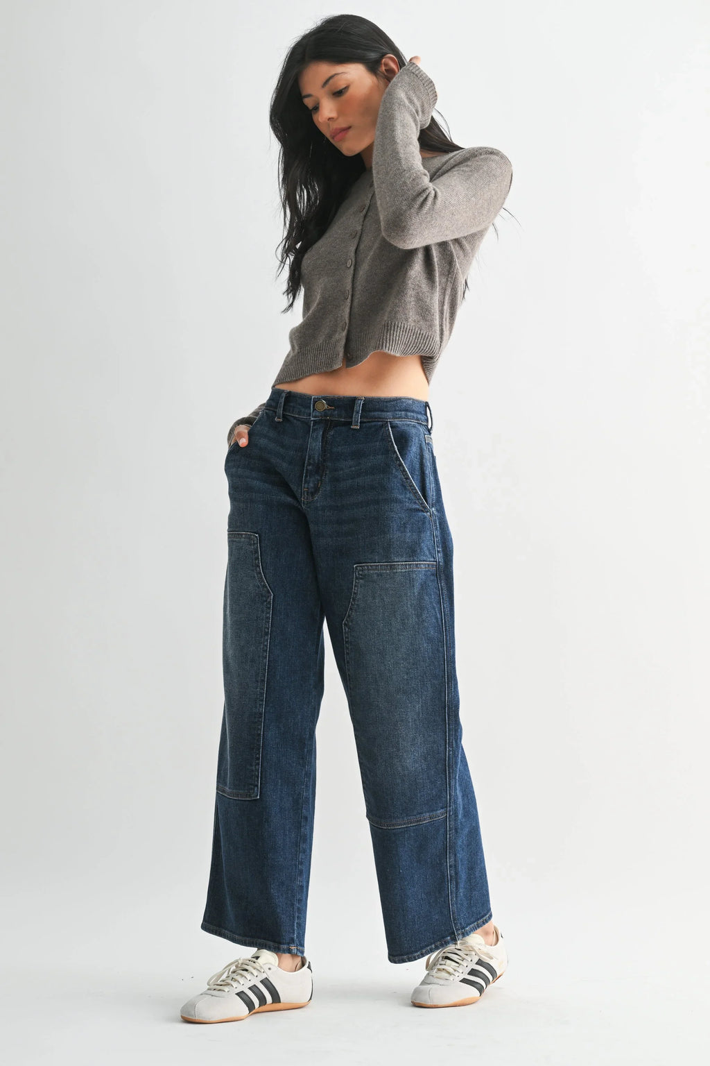 High rise waist on a relaxed wide-leg stretch denim