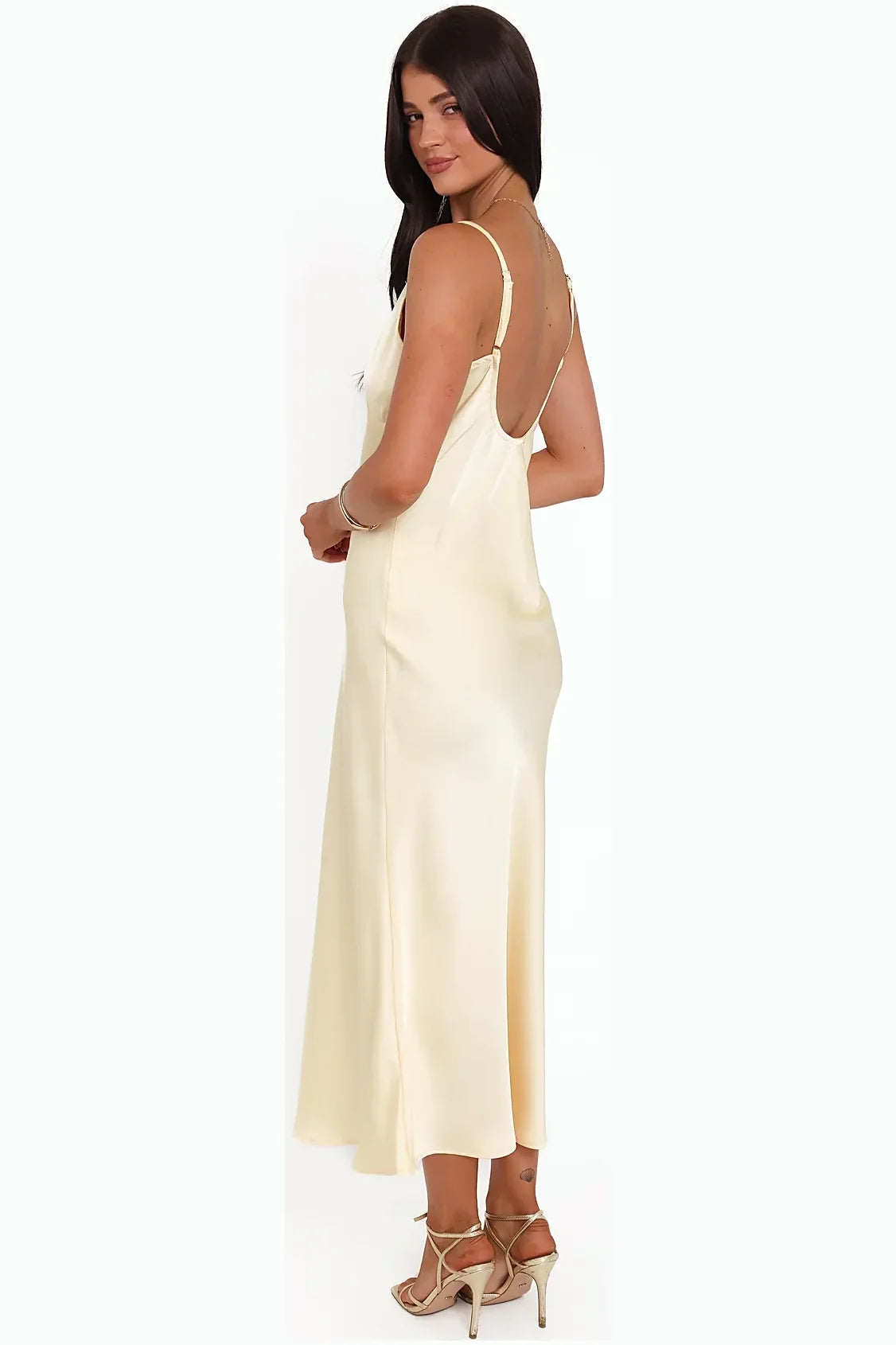 Close-up of the satin fabric and v-neckline
