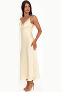 Butter yellow satin v-neck midi dress, front view