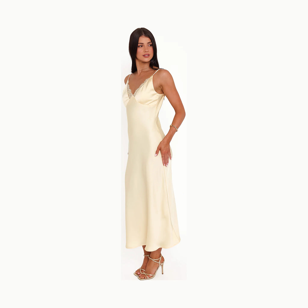 Butter yellow satin midi dress with a V-neckline