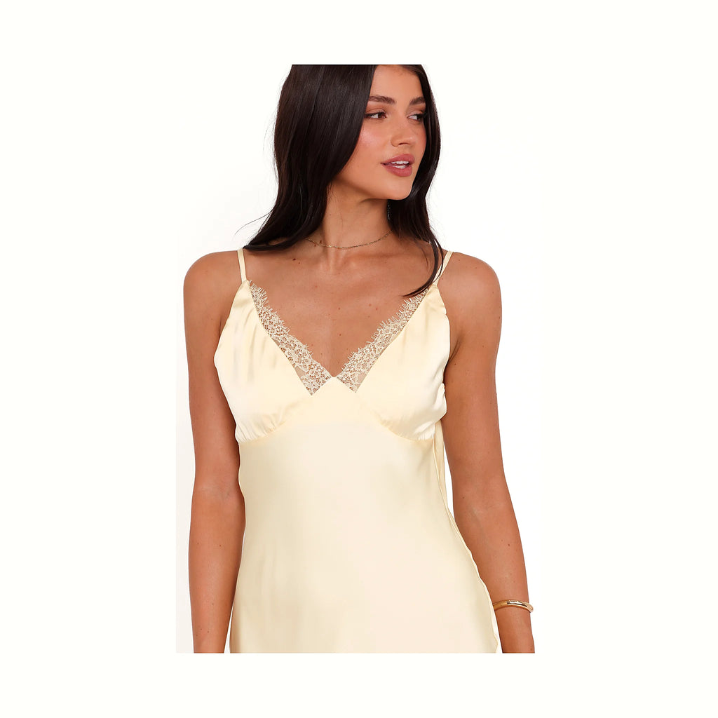 Soft yellow satin dress in a simple midi cut