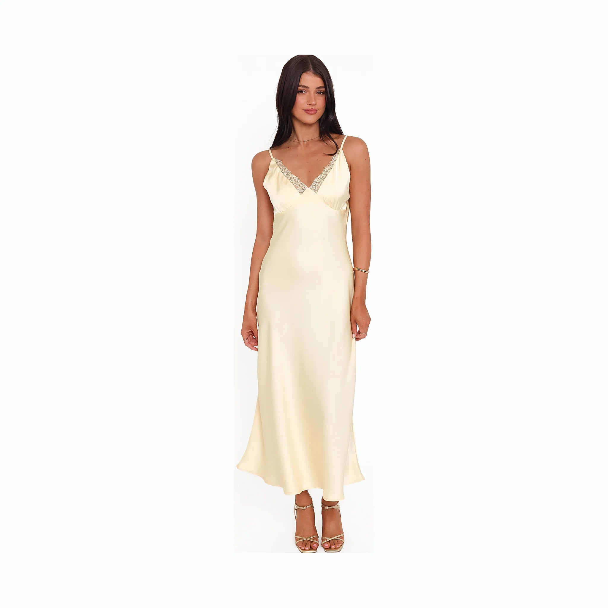 Mid-length pale yellow dress with a satin sheen