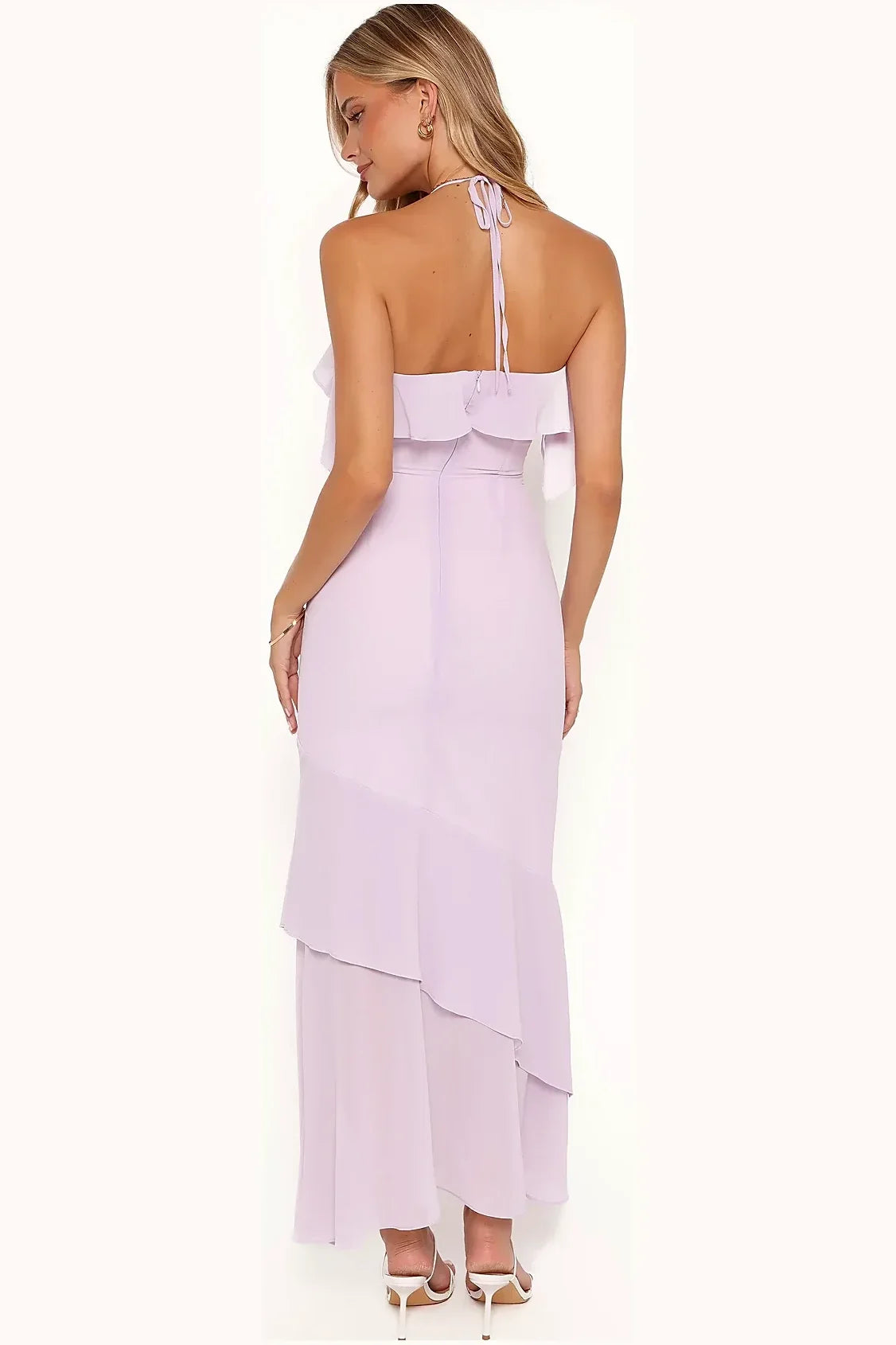 Close-up of the satin sheen and halter neckline