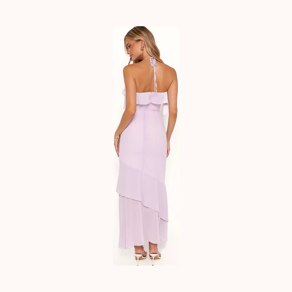 Satin halterneck dress with bare shoulders