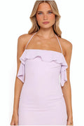 Lilac satin halterneck maxi dress, front view
