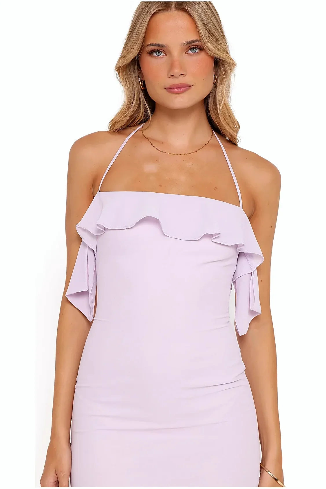 Lilac satin halterneck maxi dress, front view