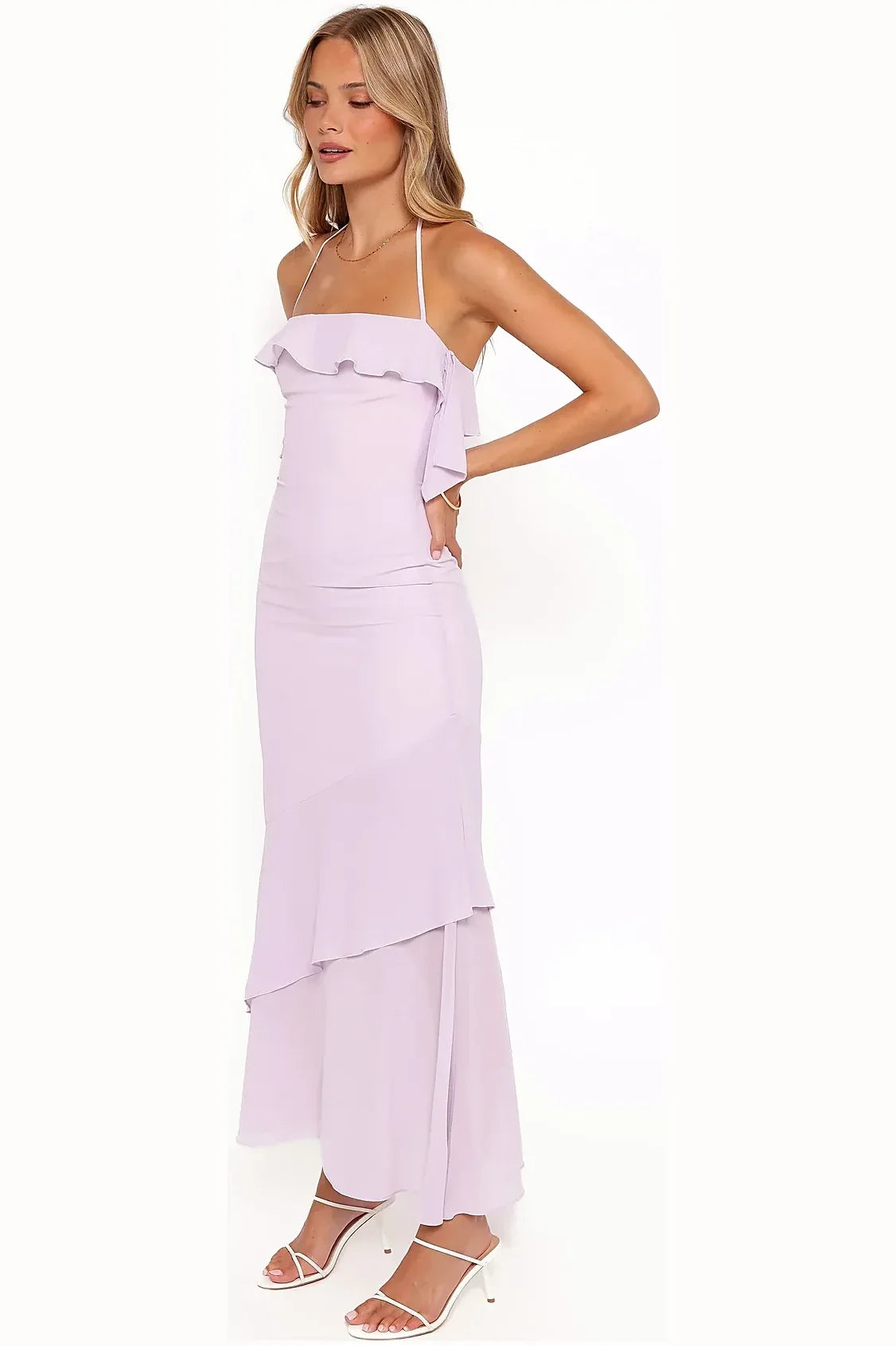 Back view of a lilac satin halterneck maxi dress