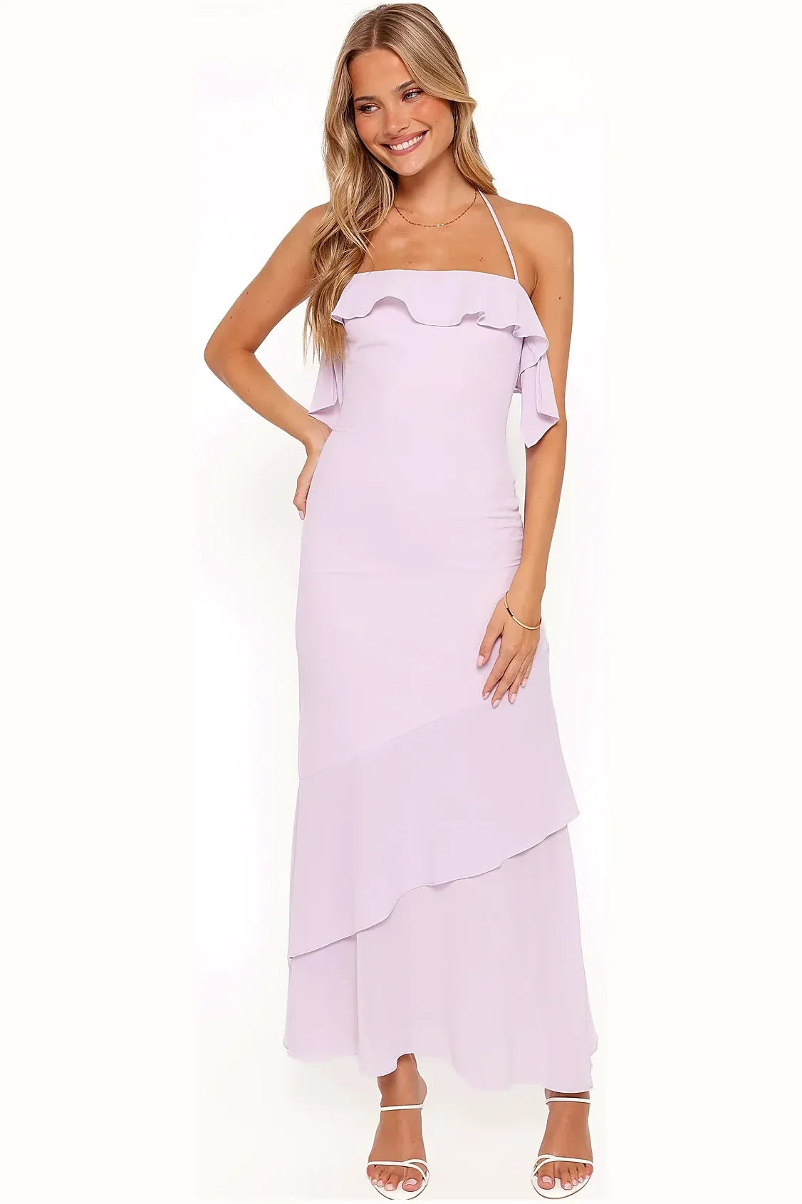 Side view of a long lilac satin halter dress