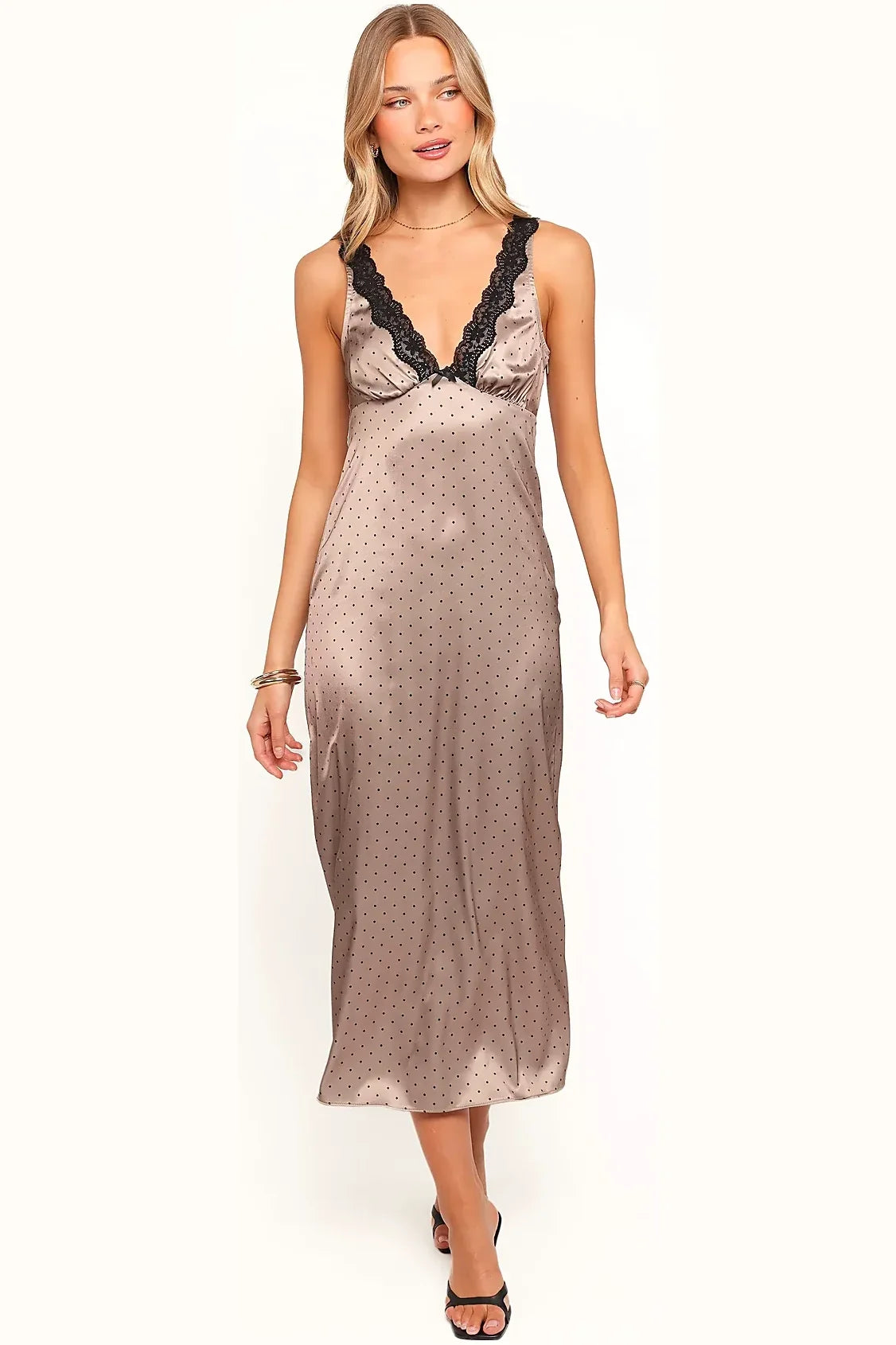 Model in the polka dot maxi dress with lace trim