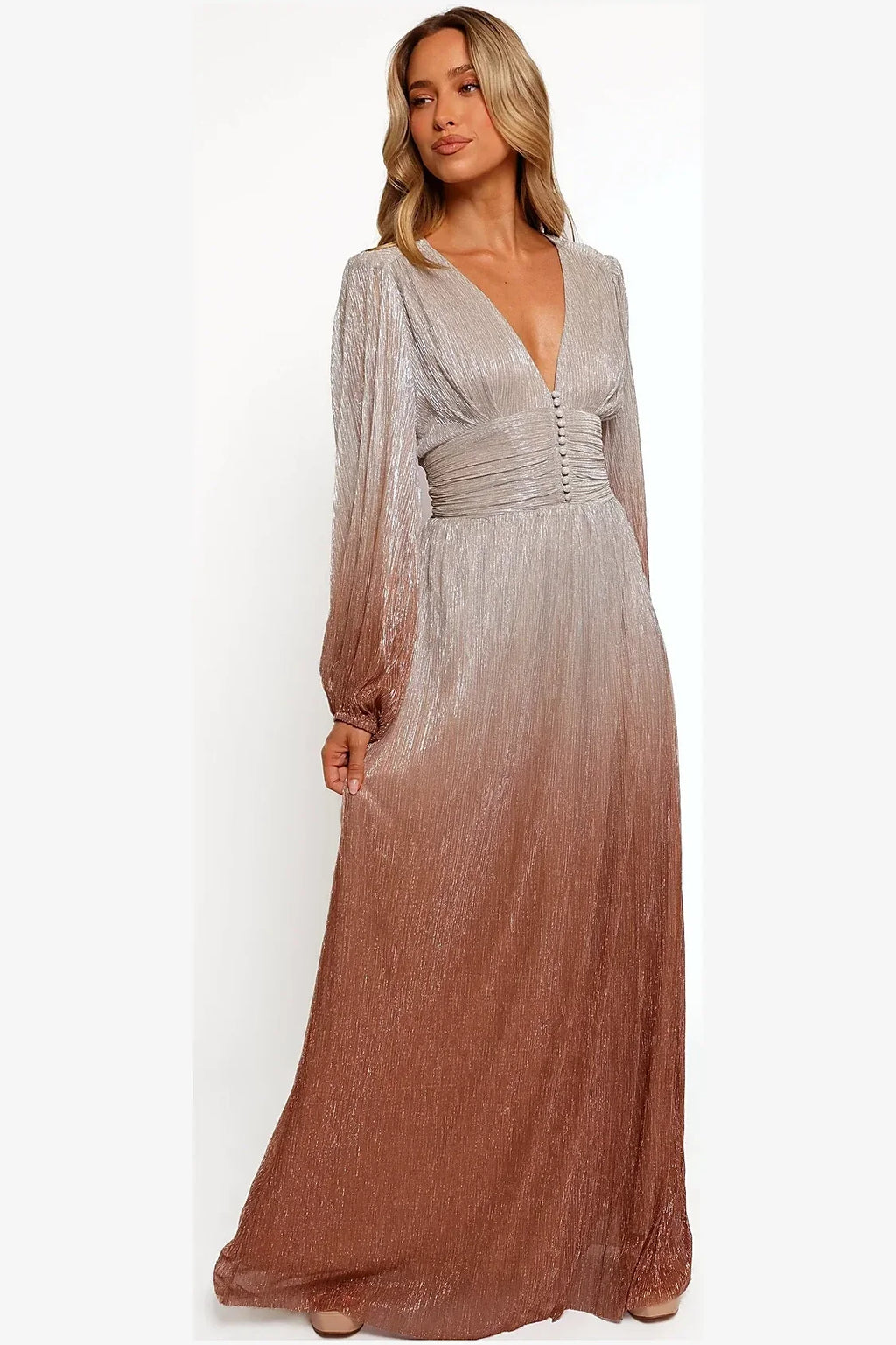 Full-length view of the bronze plisse V-neck maxi dress