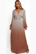 Starlight bronze plisse maxi dress with ruched waist, front view