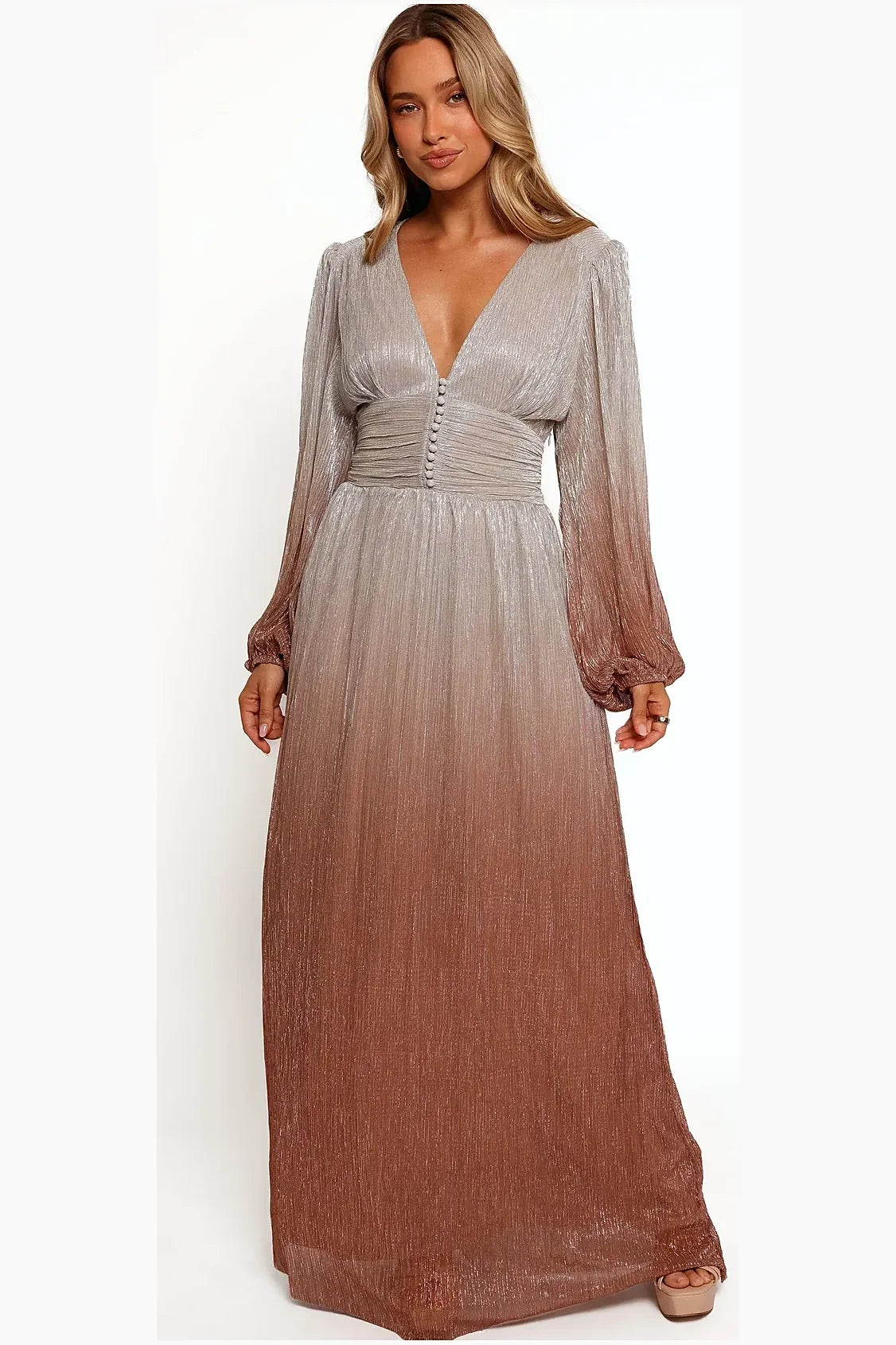 Starlight bronze plisse maxi dress with ruched waist, front view
