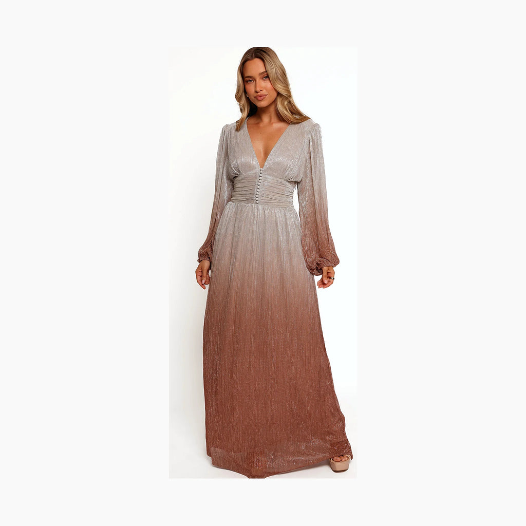 Bronze plisse maxi dress with a metallic ombre finish