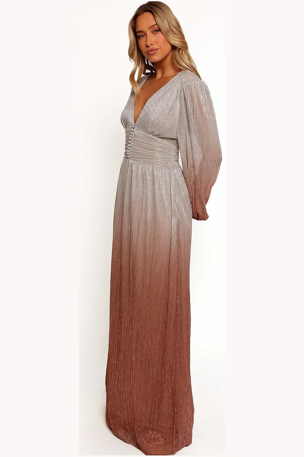 Back view of the starlight bronze plisse maxi dress