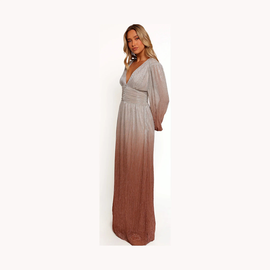 Floor-length dress with a ruched waist and functional button detail